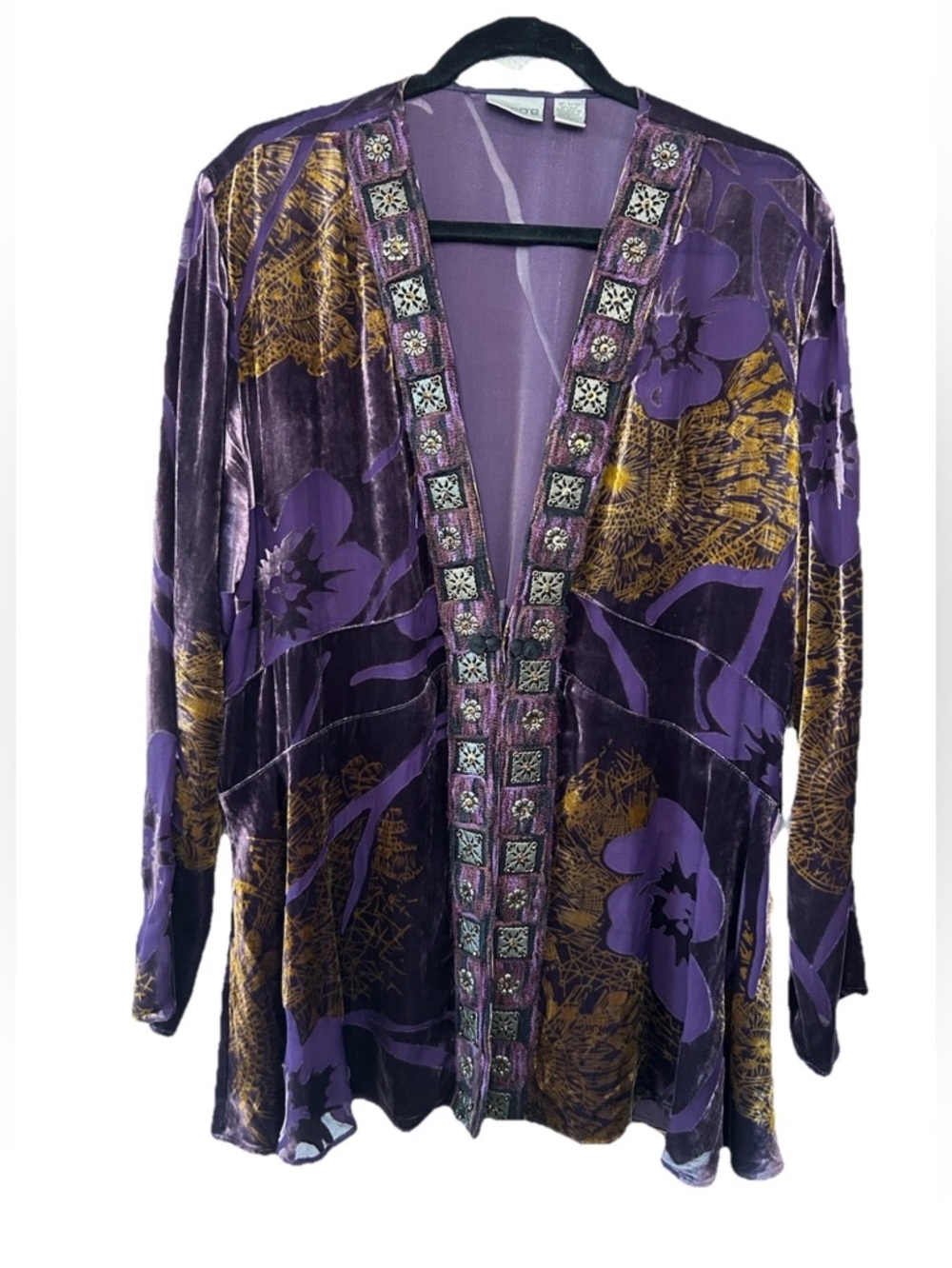 Chicos Purple Silk Velvet Burnout Kimono Jacket Embellished Boho Y2K L